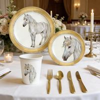 Lanweier 2026 Ensemble de vaisselle jetable de luxe plaqué or, style année du cheval, pour mariage, fête, camping, personnalisable
