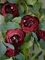Künstliche Blumengirlande Frühlings-Eukalyptus Vintage Rote Pfingstrose Rosenranke Grünpflanze Dekorative Hängepflanze Tischdekoration