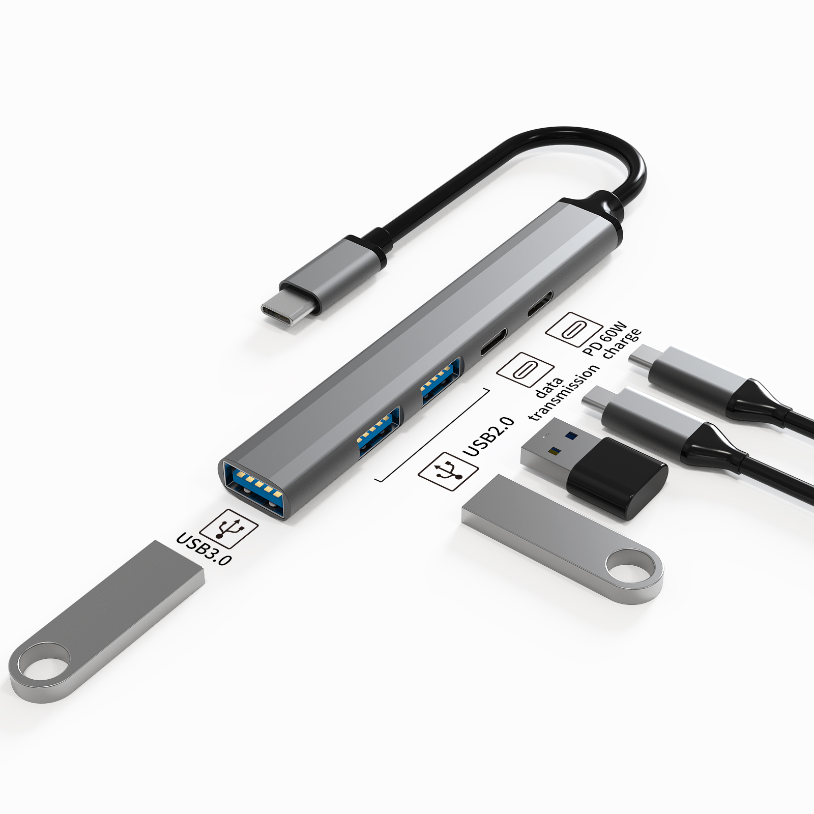 Компьютерные аксессуары usb-концентратора типа c BASIX ABS + алюминиевый сплав PD + USB-C данных + USB2.0 * 2 + USB3.0
