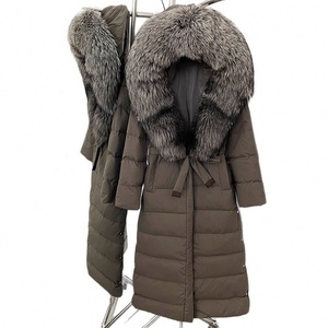 Nouvelle veste d'hiver en duvet pour <span class=keywords><strong>femme</strong></span> avec col en fourrure de renard 2026, <span class=keywords><strong>longue</strong></span>, sous le genou, à lacets, taille cintrée, amincissante - Product Image 5