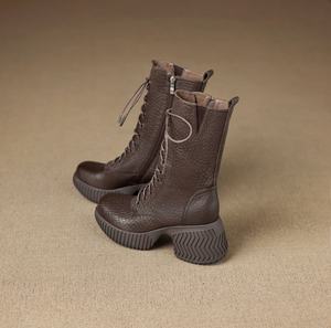 Botas de cuero con diseño de elefante en la capa superior, con cordones, cremallera lateral, tacón alto, elegantes y versátiles. - Product Image 2