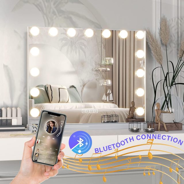 Smart LED Touch Dimmer Bluetooth Speaker Desktop Magnifying Makeup Vanity Mirror with Light Bulbs for Girls Makeup