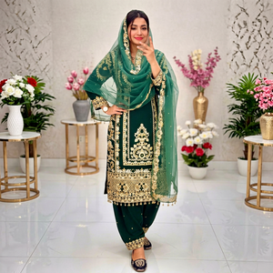 Ensemble Salwar Kameez en Georgette Vert Lourdement Brodé avec Sequins et Chaînes, Dupatta, Tenue de Mariage Pakistanaise pour Mariée, Séchage Rapide - Product Image 1