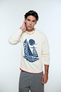 Frühling Sommer Herren Intarsia-Strick Pullover Creme Baumwolle Langarm Rundhals Maßgefertigter Segelboot-Grafik Sweater OEM - Product Image 3