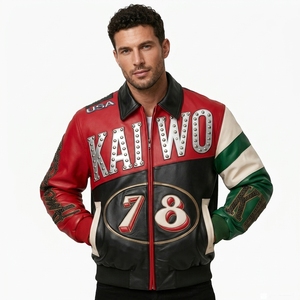 Veste universitaire en cuir d'agneau avec strass personnalisés pour hommes, fabricant OEM, appliqué, patchwork, broderie, veste bomber pour hommes - Product Image 1