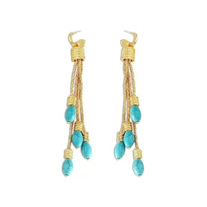 Boucles d'oreilles créoles à pampilles turquoise, laiton écologique plaqué or 18 carats, style bohème, longues chaînes, bijoux tendance pour femme, usage quotidien, décontracté, soirée - Product Image 3