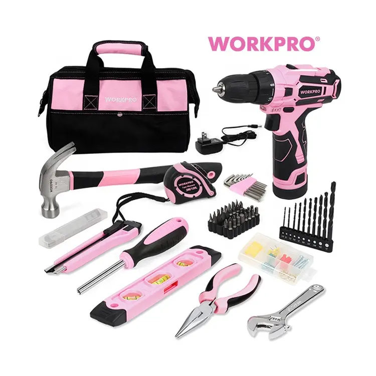 WORKPRO 101PCS 12V Li-Ionen-Akku-Bohrer antrieb Pink Bag Woman Home Tool Set