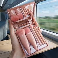 Ensemble de 5 pinceaux de maquillage avec miroir, étui de voyage, kit de pinceaux cosmétiques portables pour fond de teint, poudre, blush, fard à paupières, à emporter