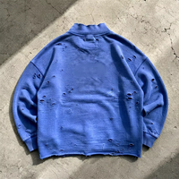 Sweat-shirt polo à demi-zip 100% Coton épais, délavé vintage, effet usé et déchiré, ourlet brut, coupe oversize, style streetwear pour homme