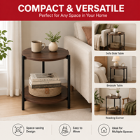 Mesa Auxiliar Redonda de 2 Niveles con Superficie de Madera MDF - Mesa Auxiliar Moderna con Estructura de Metal Negro para Decoración de Sala de Estar y Dormitorio
