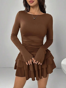 Elegantes Damenkleid mit Trompetenärmeln, Hoher Taille, Sexy Partykleid, Herbst-Winter Einfarbiges Figurbetontes Kleid mit Kaskaden-Rüschen, Mini-Kleid - Product Image 3