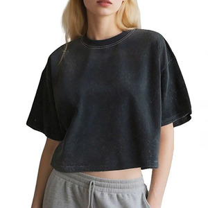 T-shirt Corta Estiva da Donna in Maglia Larga Traspirante 100% Cotone Lavaggio Acido Stile Retrò 240g a Maniche Corte - <span class=keywords><strong>Top</strong></span> Corto <span class=keywords><strong>Vintage</strong></span> - Product Image 4