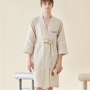 Personalizado de alta calidad de lino liso simple beige de manga larga hasta la rodilla bata de baño de los hombres