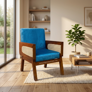 Sillón de madera de teca de estilo moderno de mediados de siglo con cojín de terciopelo azul y paneles de ratán tejidos a mano para uso en interiores de hoteles. - Product Image 1