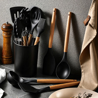 Ensemble d'ustensiles de cuisine en silicone antiadhésif 36 pièces avec manche en bois, spatule, cuillère, spatule à retourner, fouet résistants à la chaleur avec support