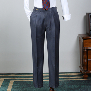 Abito da <span class=keywords><strong>uomo</strong></span> con risvolto a punta in lana classica a righe <span class=keywords><strong>blu</strong></span> <span class=keywords><strong>Navy</strong></span> Casual 2 pezzi doppiopetto - Product Image 2