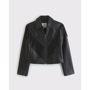 Haut en cuir PU noir uni décontracté LEDUO avec franges et pompons en mousseline respirante pour femme - Collection Printemps - Product Image 1