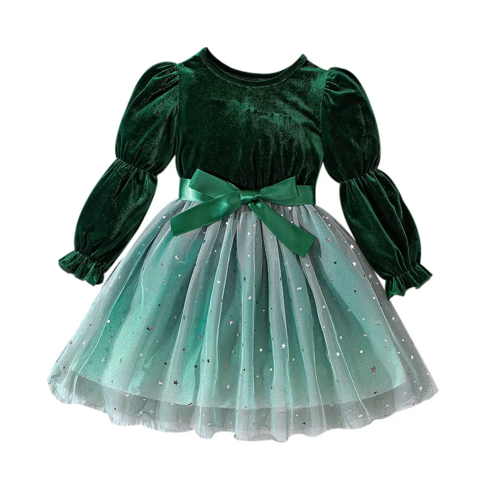 خريف وشتاء فستان للفتيات الأميرات المخملي بالترتر والنجوم شبكة تغطي الرقبة والرقبة