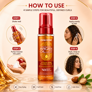 OEM ODM Argan Oil Vegan Foaming Mousse Curly Hair Frizz Control Shine Strong Hold Private Label Styling Foam - Product Image 5