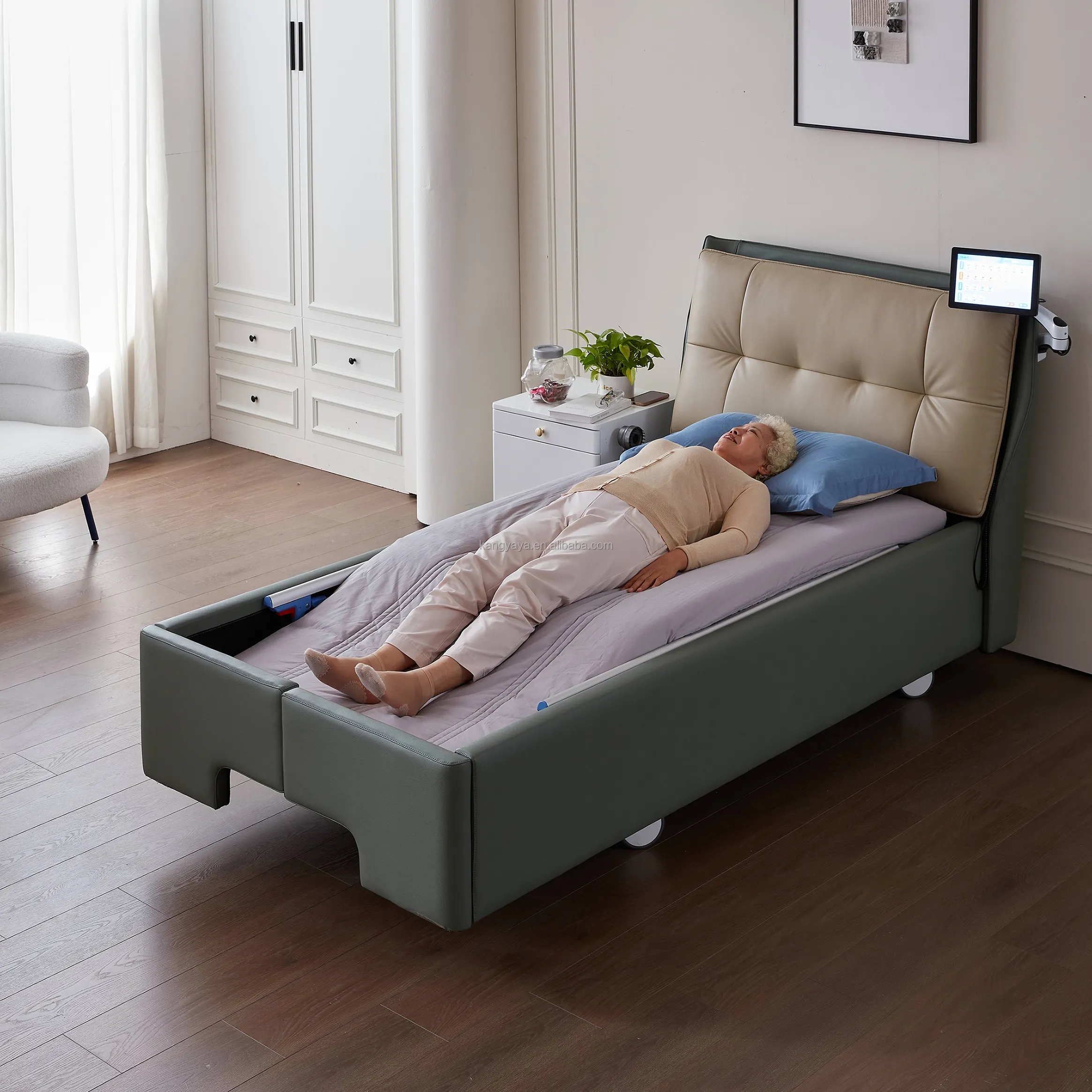 Intelligent nursing bed providing automatic leg lowering and lifting functions for elderly care to use at home
