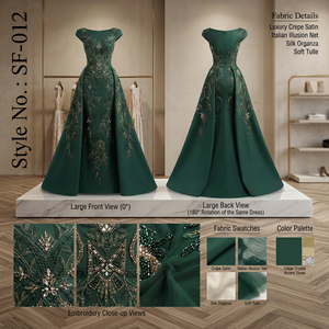 Vestido de Noche Largo Elegante con Mangas Cortas Color Verde Esmeralda y Cola con Pliegues para Ocasiones Formales - Product Image 3