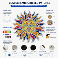 Fabricant de patchs brodés personnalisés colorés motif visage de soleil, vente en gros, applique brodée plate, thermocollante, à coudre, avec support adhésif