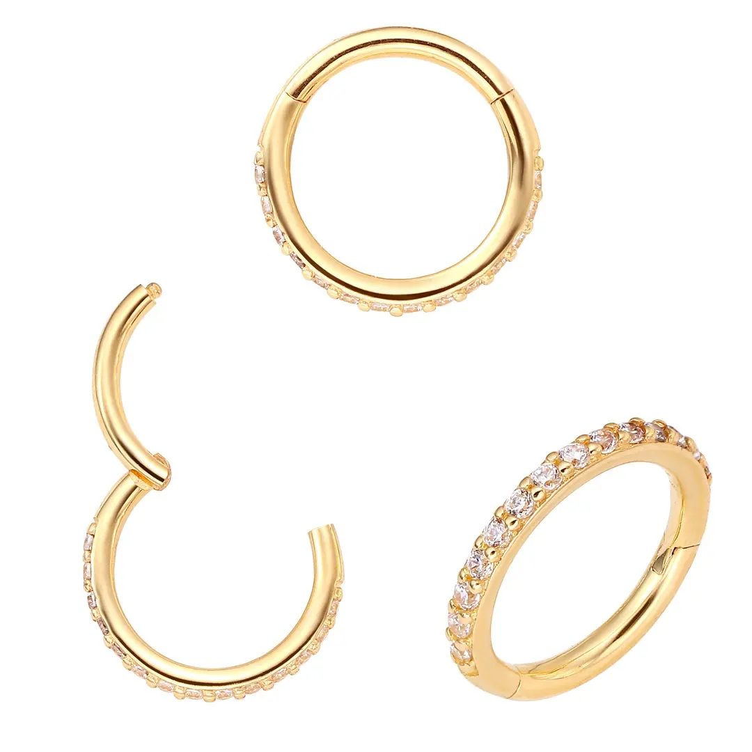 Bijoux piercing en métal éternel 14K en or massif Pave CZ Hinged Segment Hoop Ring