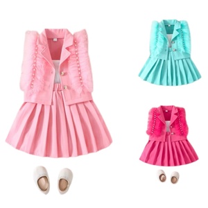 Conjunto de Verano 2026 para Niñas, Chaleco con Cuentas y Plumas de Color Sólido, Falda Plisada, Conjunto de Tres Piezas Dulce y Vibrante - Product Image 1
