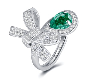 Luxury White <b>Gold</b> <b>Cocktail</b> <b>Ring</b> With Emerald Cut Green Gem And Baguette Diamonds Pave Setting Bowknot Design For Women H - Product Image 1