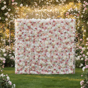Panel de Decoración de Pared 3D Artificial de Tela de Seda Rosa y Flor de Gypsophila Blanca de 8x8 pies para Bodas Modernas - Product Image 1