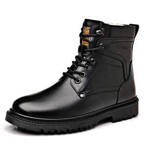 Men's <b>Black</b> Leather Winter Boots Mid-Calf Anti-Slip Rubber Sole <b>Low</b> <b>Heel</b> Snow Boots - Product Image 4