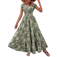 Robe longue tendance 2026 à imprimé floral, col en V, taille cintrée, coupe trapèze, en polyester, style vintage européen-américain, pour l'été