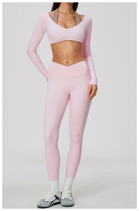 OEM Women Custom Logo Halter Neck <b>Long</b> Sleeve Crop Vest Cross V Waist Yoga <b>Leggings</b> Wide Leg Pants Sports Gym Activewear Set - Product Image 2