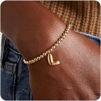 Bracelet extensible en chaîne de perles de 4 mm avec pendentif en forme de cœur lisse et rond en zircon, lettre initiale A-Z en or rempli 14 carats, vente en gros