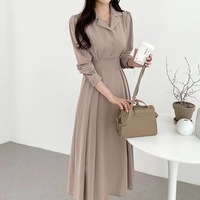 Nouvelle mode femmes longues robes revers chemise col robe à manches longues français élégant couleur unie bureau dame robe décontractée