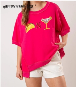 Conception de T-shirts pour femmes 2025 Lettre d'amour à paillettes rouges Saint Valentin T-shirt brodé à paillettes Paillettes pour T-shirt - Product Image 2