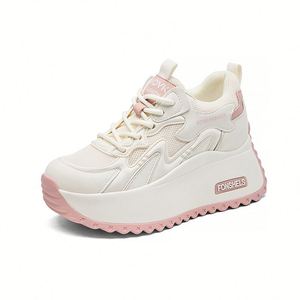 Chaussures décontractées tendance pour femmes à lacets, respirantes, à semelles épaisses, avec talons intégrés, baskets blanches polyvalentes et robustes pour la marche - Product Image 2