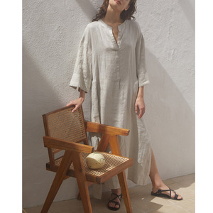 2023 nuovo personalizza 100% lino lungo t-shirt stile donna vestito manica a sette punte tinta unita eleganti <span class=keywords><strong>Maxi</strong></span> abiti Casual - Product Image 5