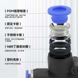 ข้อต่อลมแบบเร็ว Joko Widodo Pneumatic Quick Coupler PZA4 6 8 10 พลาสติกสีฟ้า รูปตัว T แบบห้าทาง สำหรับสายลม - Product Image 1