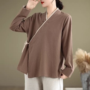 Chinese Style Diagonal Placket Cotton Linen Shirt Women Loose Zen Tea Dress Natural Hemp Green Coffee Color Daily Wear - Product Image 2
