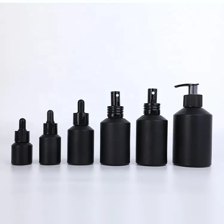 cosmetic serum 10ml 15ml 20ml 30ml round black matte glass dropper pump spray essential oil bottles cosmetic set