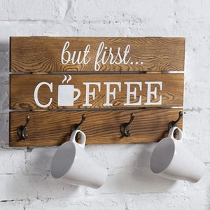 Pemegang Mug kopi kayu pedesaan satu tingkat, terpasang di dinding dapur Bar Organizer rumah pertanian dekorasi dinding kayu desain gantung - Product Image 6