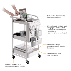 Carro de utilidad rodante multifunción de primera calidad, carro de almacenamiento de Metal de <span class=keywords><strong>3</strong></span> niveles con organizador de tablero de clavijas, ganchos, cestas para el hogar, 2017 - Product Image 4