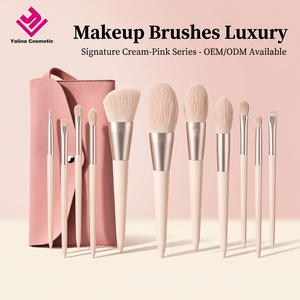 Brochas <span class=keywords><strong>de</strong></span> Maquillaje <span class=keywords><strong>de</strong></span> Lujo, 11 Piezas, Color Rosa Crema y Oro Rosa, Logotipo Personalizado, Brochas Veganas Suaves <span class=keywords><strong>de</strong></span> Fibra Sintética para Base, Polvo y <span class=keywords><strong>Ojos</strong></span>, con Bolsa <span class=keywords><strong>de</strong></span> PU, OEM - Product Image 1