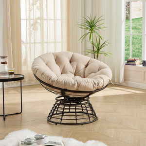 Fauteuil Papasan Ergonomique Confortable en Acier, Pivotant à 360°, Moderne, Portable, pour Extérieur, avec Coussin Épais et Doux, Cadre Marron, Coussin Beige - Product Image 1