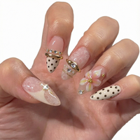 Kuku Akrilik Press-on Grosir Bentuk Almond Warna Nude Polka Dot Bunga 3D Berhias Rhinestone Dapat Digunakan Kembali untuk Wanita dan Remaja Putri