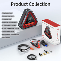 Démarreur de voiture portable 12V avec compresseur d'air, booster de batterie d'urgence 5-en-1, gonfleur de pneus et feu de signalisation triangulaire
