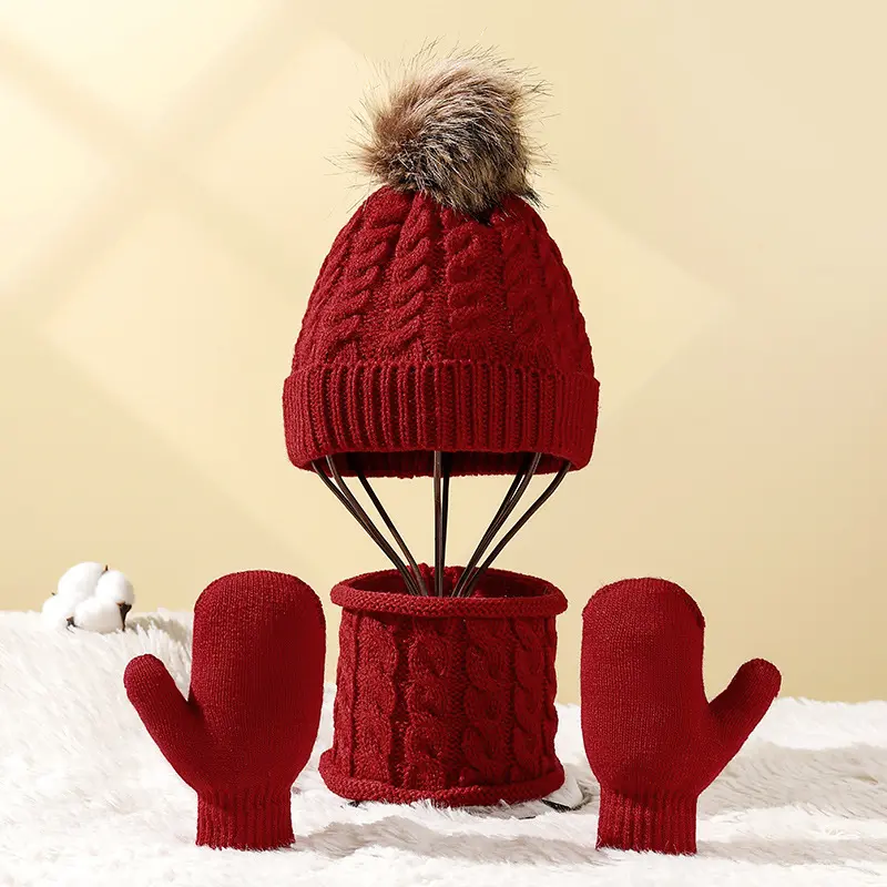 Unisex dreiteiliger Schal Hut Handschuhe-Set Kinder Winter warm Acryl Häkelkappe Pompon Beanies gestrickter Hut einfarbig Stil