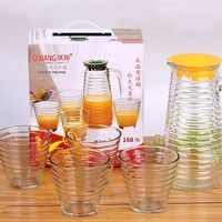 Harga Grosir 5pcs Set Pitcher dan Gelas Air Kaca dengan Motif Garis-garis, Set Gelas Kaca, Dispenser Air Jus, Mug Bir