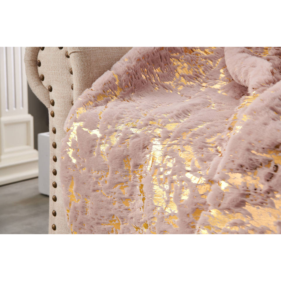 HMS 50\" X 60\" Pink and Gold Abstract Faux Fur Plush Throw Blanket Bed Bedding Add-Ons Comfy Luxury for Home or Office